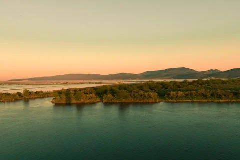 Panoramic view of the rivers during sunset in Evros Delta, Greece Stockfoto's