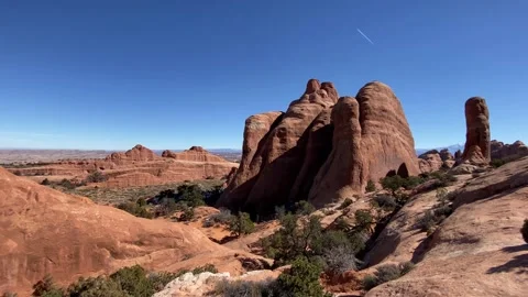 Panoramic view of the rock formations of Arches National Park Stockbeeldmateriaal 192049796