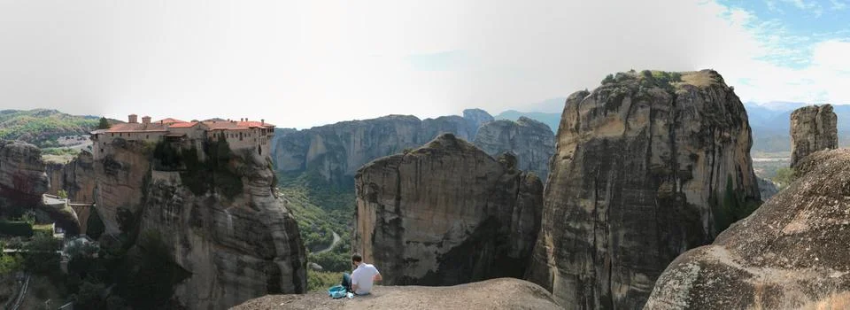 Panoramic view of the rocks and monasteries of Meteora, Greece Stock Photos