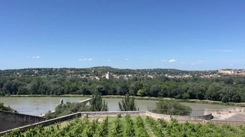 Panoramic view from a rocky historic site over green landscape  in Avignon Stock Footage 344391613
