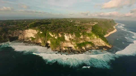 Panoramic view of the rocky ocean coast of Bali— FPV drone aerial view Stock-Footage 249838701