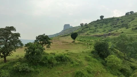 A panoramic view of rolling green hills and valleys under a hazy sky. Spars.. Stock Footage 305835650