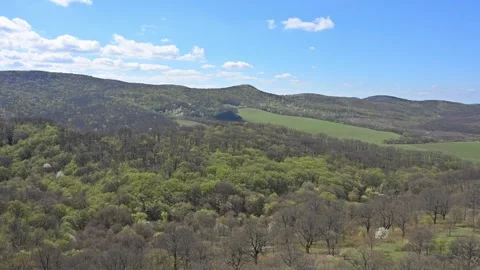 Panoramic view of rolling green hills and spring forest. Stock Footage 332731136