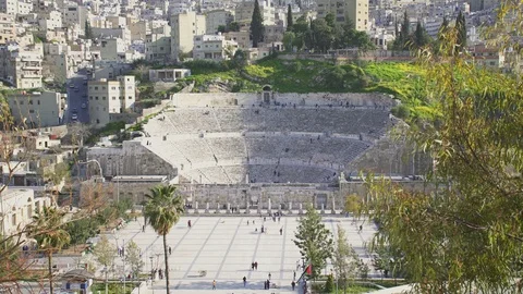 Panoramic view of Roman Theatre, an important landmark of Amman Stock Footage 109192511