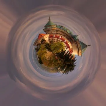 A panoramic view of romantic castle at 360 degree, mini planet. Stock Illustration