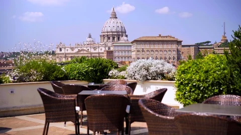 Panoramic view of Rome rooftops and domes cityscape with distant St. Peter's Stock-Footage 92824724