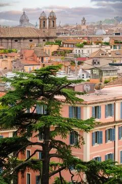 Panoramic view to Rome rooftops with catholic basilics and monuments, Italy Stock Photos