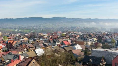 Panoramic view of the rooftops of Nowy Targ Stock Photos