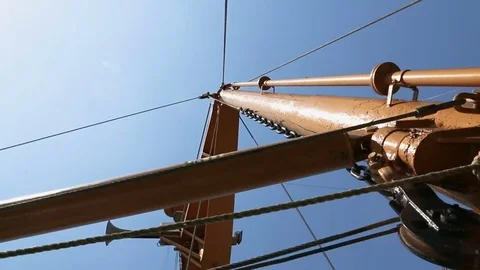Panoramic view of ropes hanging on the mast of ship, vessel elements, transport Stock Footage 77375387