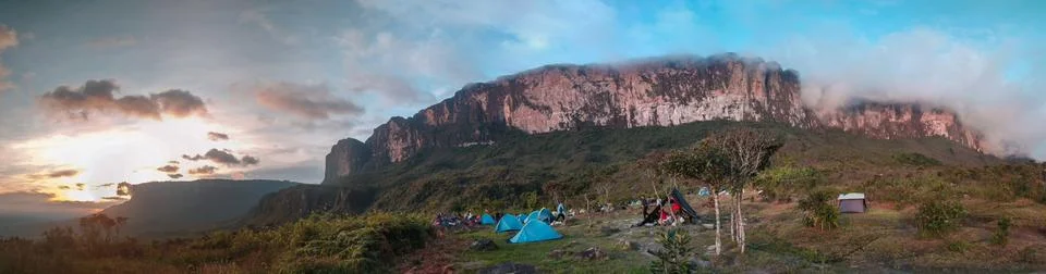 Panoramic view of the Roraima tepuy, seen from the base camp in a sunset Stock Photos