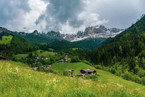 Panoramic view of the Rosengarten group mountain massif in the Dolomites in.. Stock Photos