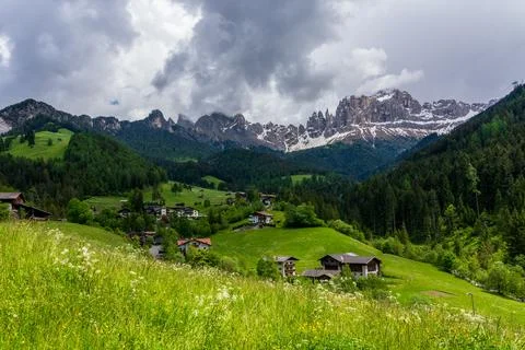 Panoramic view of the Rosengarten group mountain massif in the Dolomites in.. Stock Photos