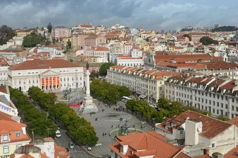 Panoramic View of Rossio Square and Historic Center of Lisbon. Stock Photos