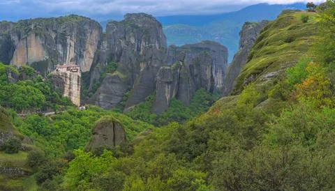 Panoramic view of  Roussanou monastery Stock Photos