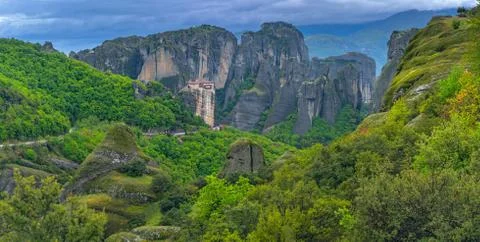 Panoramic view of  Roussanou monastery Stock Photos