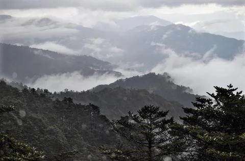 Panoramic view of rows of mountain ridges Stock Photos