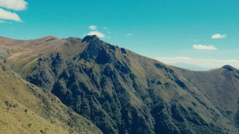Panoramic view of rugged mountain peaks in Ecuador with green slopes and clear Stock Footage 345092196