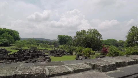 Panoramic view of the ruined temples, Hindu temple compound Prambanan, Indonesia Stock Footage 150490429