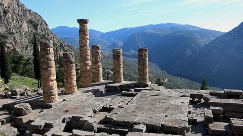 Panoramic view of the ruins of the ancient temple of Apollo at Delphi Stock Footage 119783947