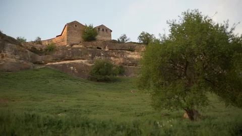 Panoramic view of ruins old medieval castle in nature, ancient Stock Footage 90228459