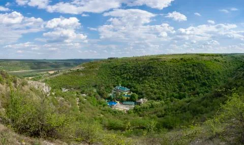 Panoramic view of the Saharna Monastery in spring, Republic of Moldova Stock Photos