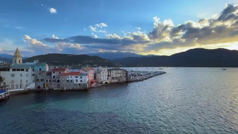 Panoramic view of saint florent town in northern corsica at sunset Stock Footage 278849391