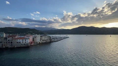 Panoramic view of Saint Florent town in northern Corsica at sunset Vídeo Stock 278849432