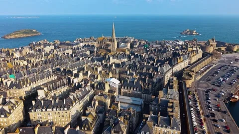 Panoramic view of Saint-Malo, Intra-Muros. Fort National, town hall and Grand Stock Footage 333301054