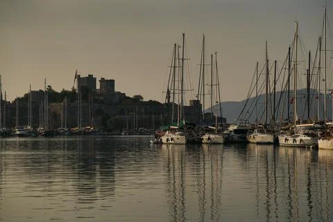 Panoramic view of Saint Peter Castle (Bodrum castle) and marina View of Bodrum b Stock Photos