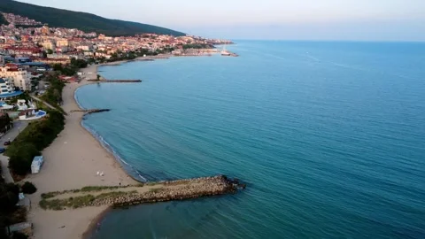 Panoramic view of Saint Vlas resort town on the Black Sea coast, Bulgaria. Stock Footage 311049167