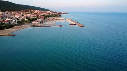 Panoramic view of Saint Vlas resort town on the Black Sea coast, Bulgaria. Stock Footage 311049205