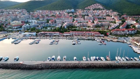 Panoramic view of Saint Vlas resort town on the Black Sea coast, Bulgaria. Stock Footage 311049830
