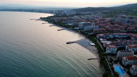 Panoramic view of Saint Vlas resort town on the Black Sea coast, Bulgaria. Stock Footage 311050029