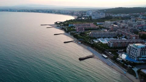 Panoramic view of Saint Vlas resort town on the Black Sea coast, Bulgaria. Stock Footage 311050179