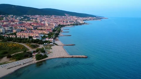 Panoramic view of Saint Vlas resort town on the Black Sea coast, Bulgaria. Stock Footage 311050227