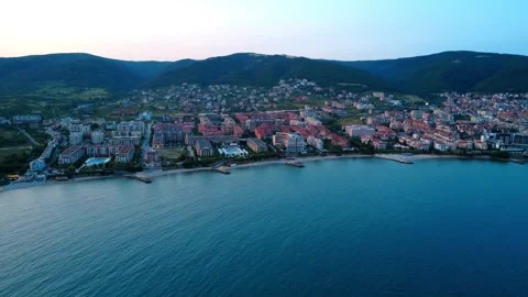 Panoramic view of Saint Vlas resort town on the Black Sea coast, Bulgaria. Stock Footage 311050288