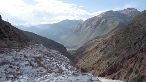 Panoramic view of salt ponds of Salinas de Maras in the Andes mountains Stock Footage 202286986