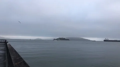 Panoramic view of San Francisco Bay and Alcatraz from Pier 39 Stock Footage 112776626