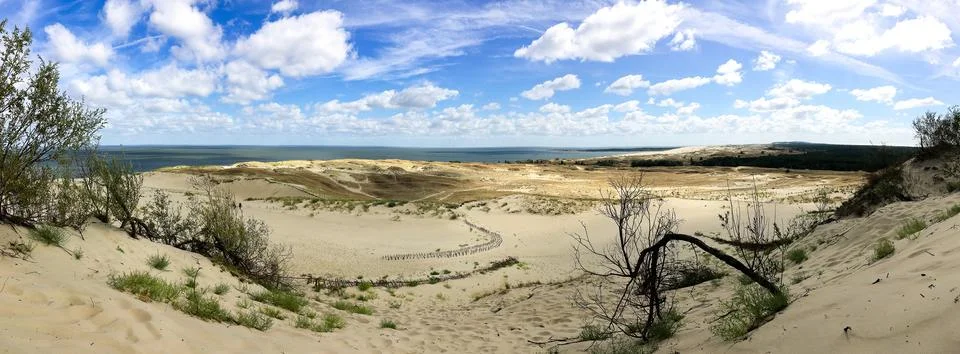 Panoramic view of the sand dunes and coastal landscape near Neringa, Lithuania Stock Photos