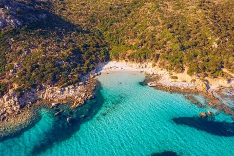 Panoramic view of sandy beach and sea with azure water, in Villasimius, Sardi Stock Photos