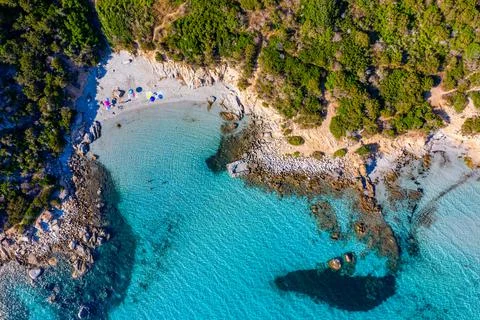 Panoramic view of sandy beach and sea with azure water, in Villasimius, Sardi Stock Photos