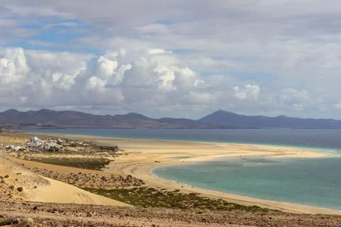 Panoramic view at sandy beach of Risco del Paso on canary island Fuerteventura Stock Photos
