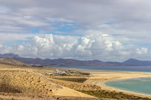 Panoramic view at sandy beach of Risco del Paso on canary island Fuerteventura Stock Photos