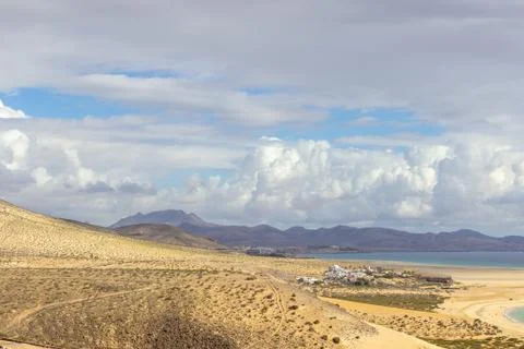 Panoramic view at sandy beach of Risco del Paso on canary island Fuerteventura Stock Photos