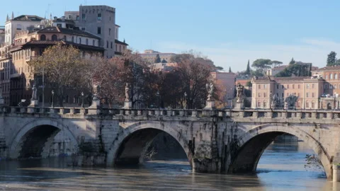 Panoramic view of Sant'Angelo bridge on the Tiber river in Rome, Italy - 4k - Stock Footage 144837221
