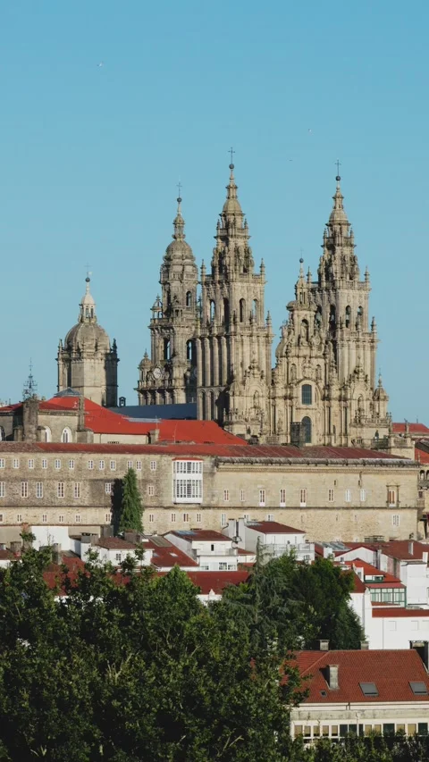 Panoramic view of Santiago de Compostela cathedral and old town Видео 297895611
