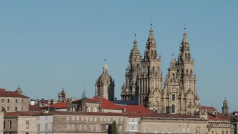 Panoramic view of Santiago de Compostela cathedral and old town 스톡 동영상 297896070