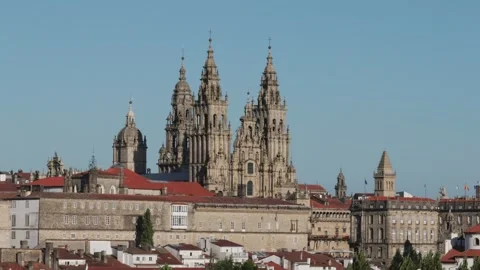 Panoramic view of Santiago de Compostela cathedral and old town Video stock 297896075