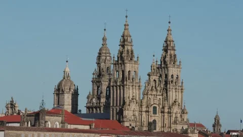 Panoramic view of Santiago de Compostela cathedral and old town Video stock 297896082