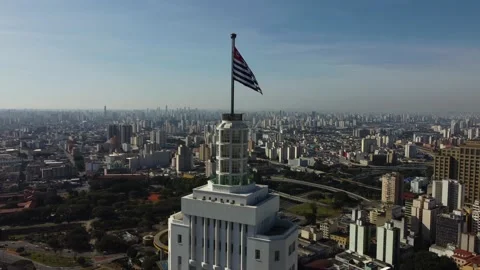 Panoramic view of Sao Paulo state flag and the downtown area, Brazil, 4K Stock Footage 156349294